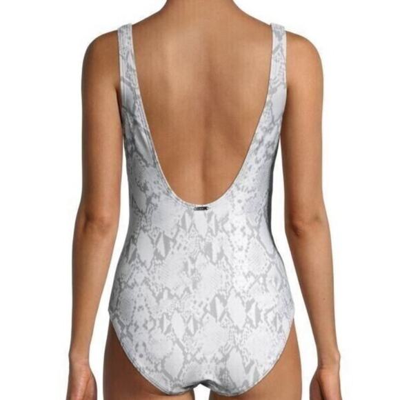 DKNY Swimsuit Size 8 One Piece NWT Gray White Scoop Back Twist Front Swim Beach - Picture 2 of 16